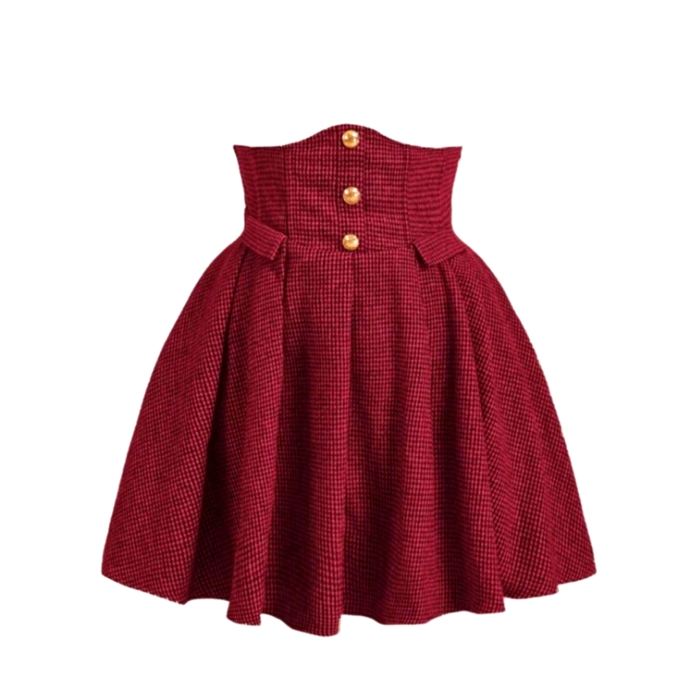 Red Mod Plaid High-Waisted Skirt with Gold Button Details (12)